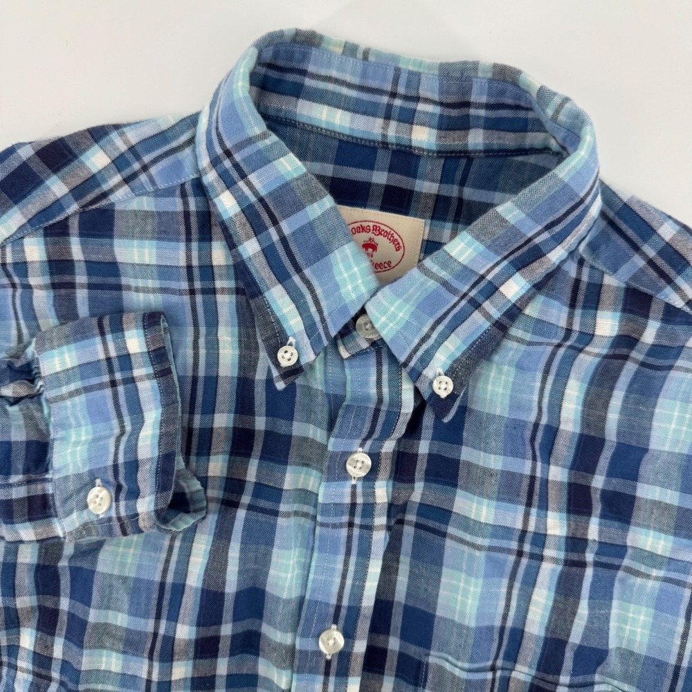 Brooks Brothers Red Fleece Shirt Mens S Blue Plaid Linen Cotton Button Down